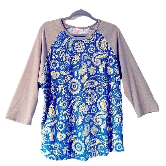 LuLaRoe Randy baseball style gray, blue, & light yellow raglan sleeve top 3X - Picture 1 of 7